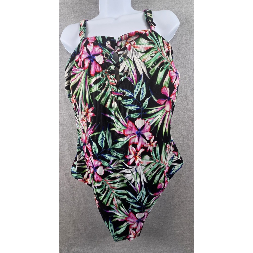 Coastal Waves Swimwear 3X Black Pink Tropical Floral Reversible Bathing‎ Suit
